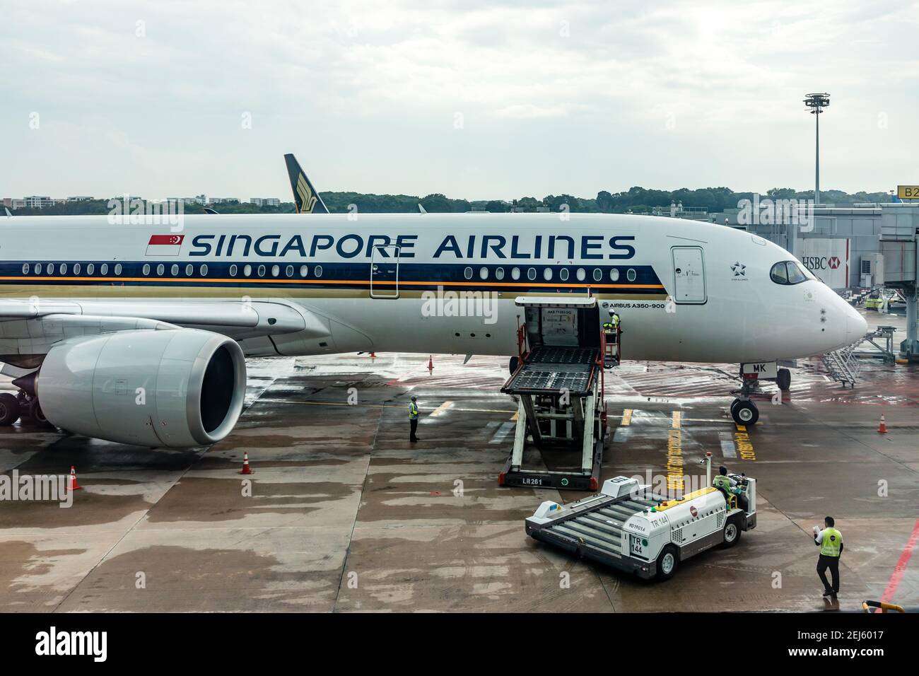 Un chargeur ULD soulevant un dispositif de charge unitaire (ULD) de Un tablier s'étend jusqu'à une baie de fret d'avions d'un Singapour Compagnie aérienne à l'aéroport Changi de Singapour Banque D'Images