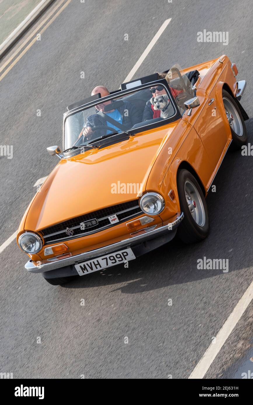 1974 Triumph TR6 voiture de collection conduisant à Southend on Sea, Essex, Royaume-Uni, par une journée ensoleillée d'hiver. Voiture à toit ouvert avec chien Banque D'Images