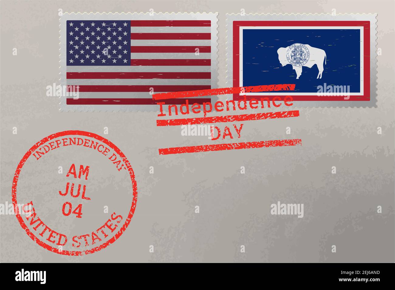 Enveloppe de timbre-poste avec drapeau du Wyoming et des États-Unis et timbres du 4 juillet, vecteur Illustration de Vecteur