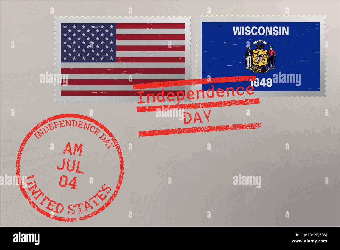 Enveloppe de timbre-poste avec drapeau du Wisconsin et des États-Unis et timbres du 4 juillet, vecteur Illustration de Vecteur