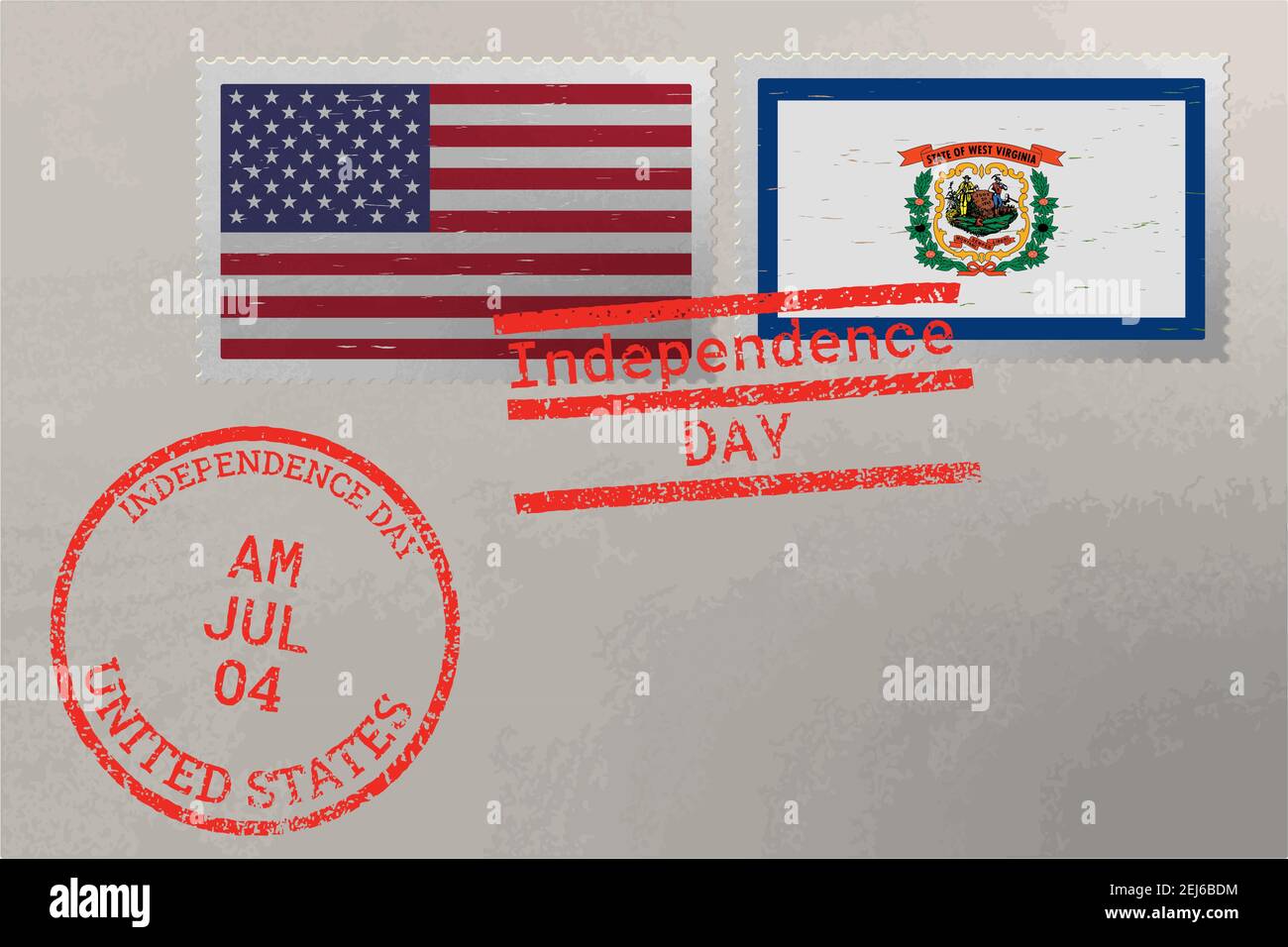 Enveloppe de timbre-poste avec drapeau de Virginie occidentale et des États-Unis et timbres du 4 juillet, vecteur Illustration de Vecteur