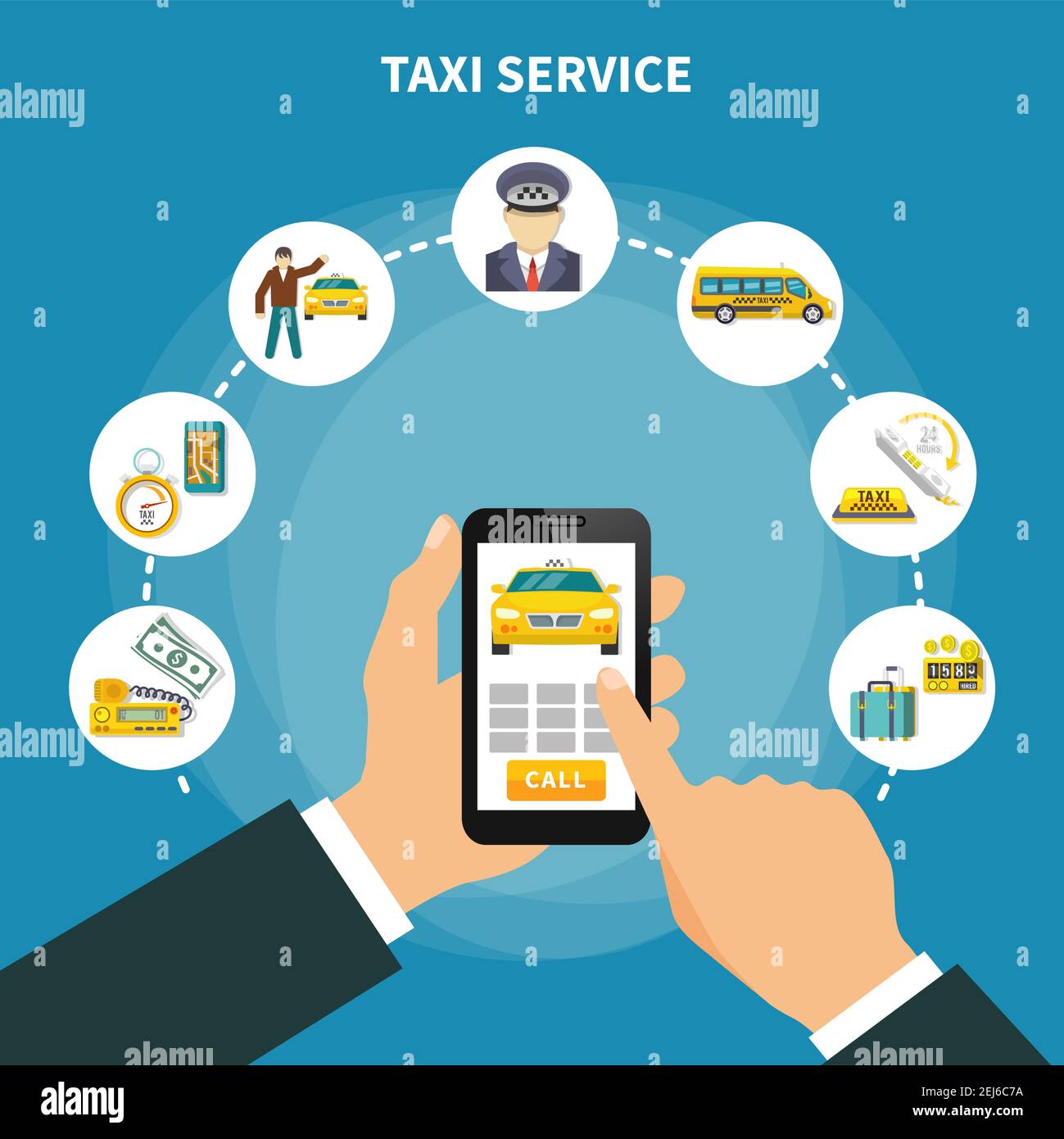 Taxi composition conceptuelle des icônes de cercle avec des images de service de taxi et des mains humaines avec illustration vectorielle de l'application pour smartphone Illustration de Vecteur