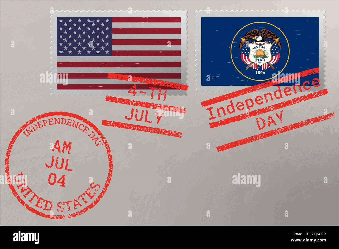 Enveloppe de timbre-poste avec drapeau de l'Utah et des États-Unis et timbres du 4 juillet, vecteur Illustration de Vecteur