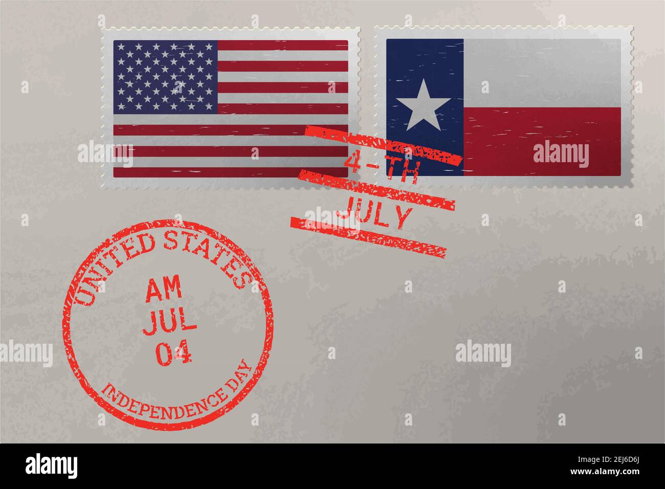 Enveloppe de timbre-poste avec drapeau du Texas et des États-Unis et timbres du 4 juillet, vecteur Illustration de Vecteur