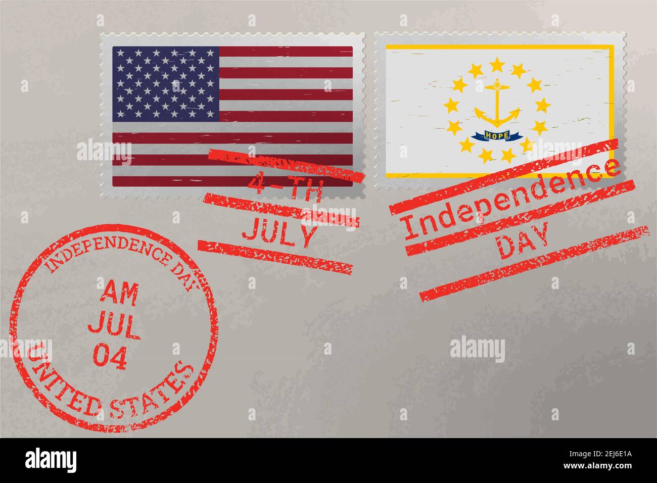 Enveloppe de timbre-poste avec drapeau du Rhode Island et des Etats-Unis et timbres du 4 juillet, vecteur Illustration de Vecteur