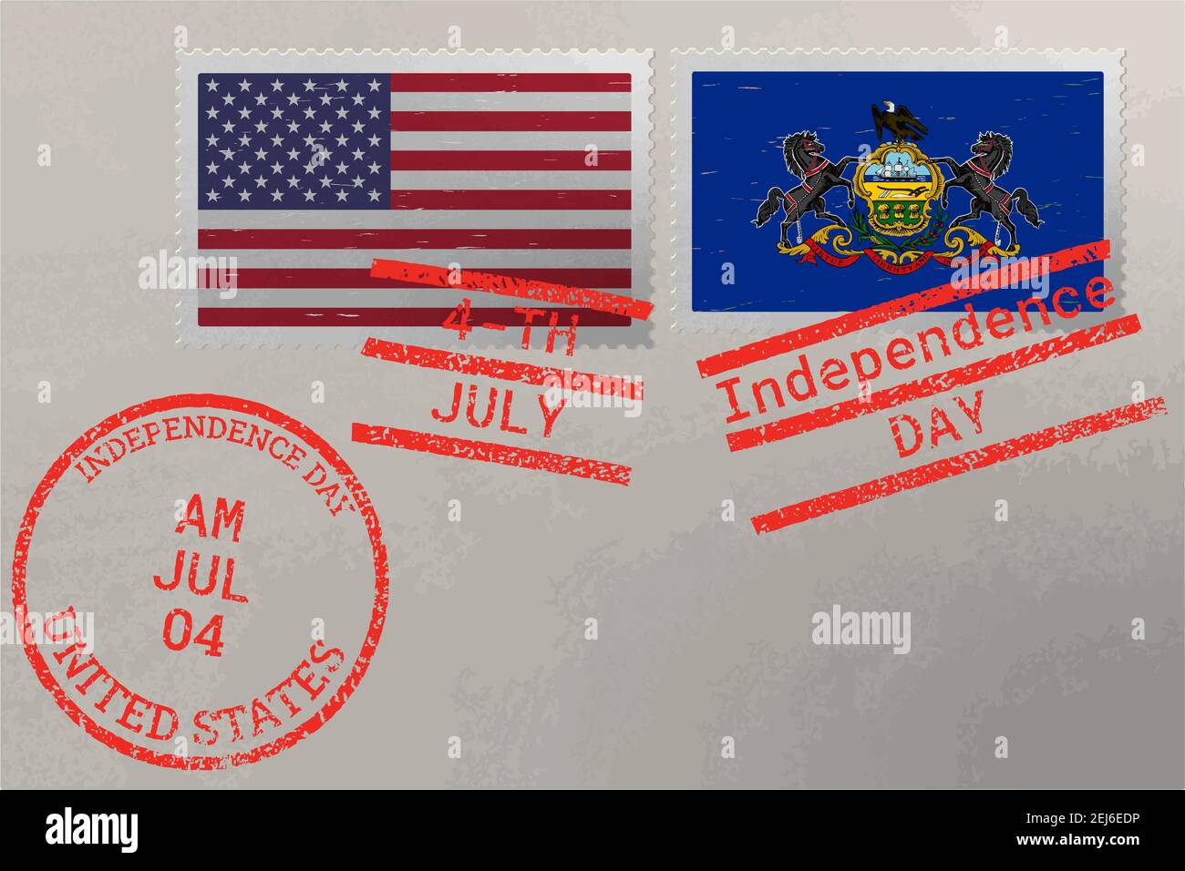 Enveloppe de timbre-poste avec drapeau de Pennsylvanie et des États-Unis et timbres du 4 juillet, vecteur Illustration de Vecteur