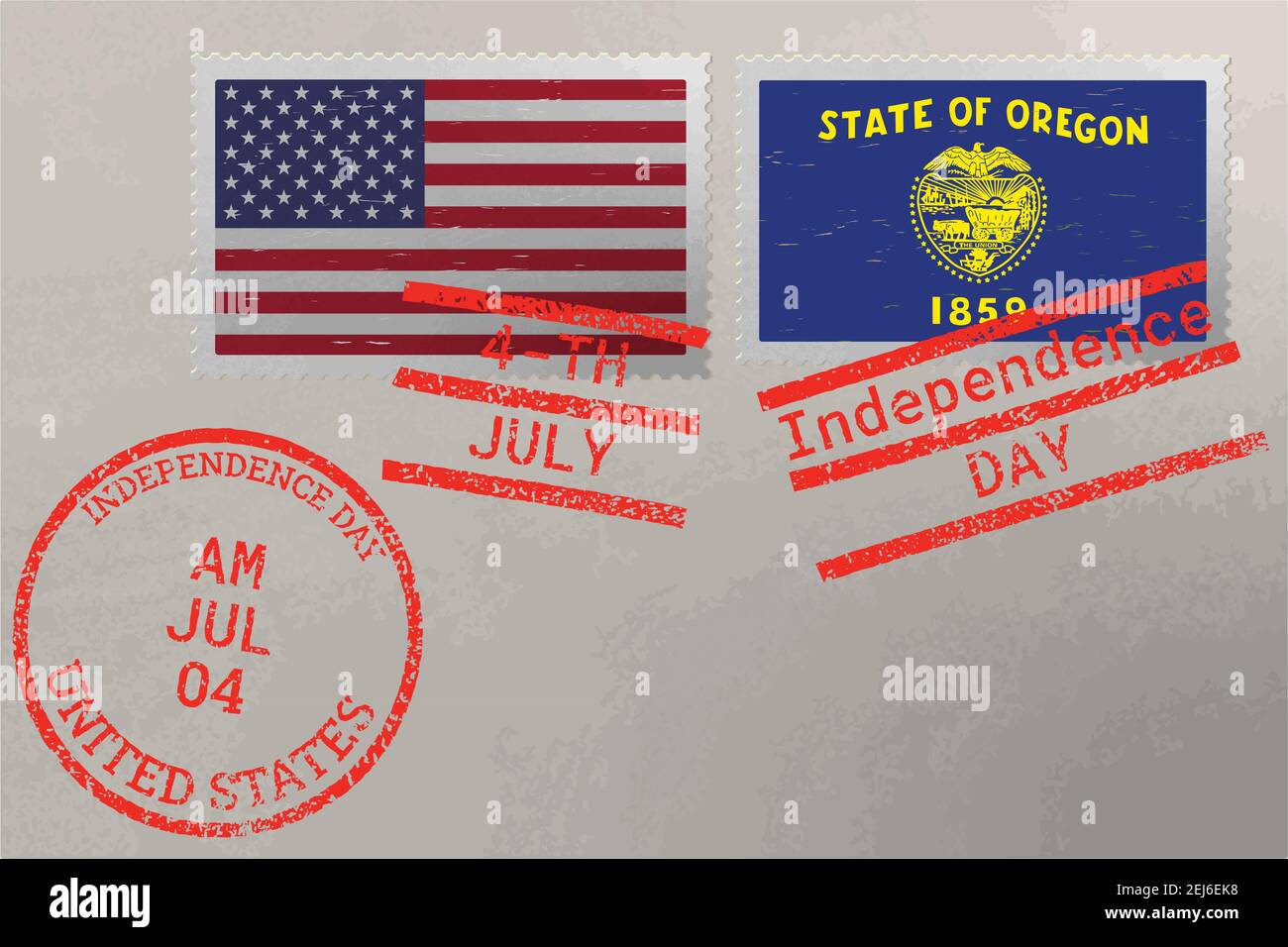 Enveloppe de timbre-poste avec drapeau de l'Oregon et des États-Unis et timbres du 4 juillet, vecteur Illustration de Vecteur