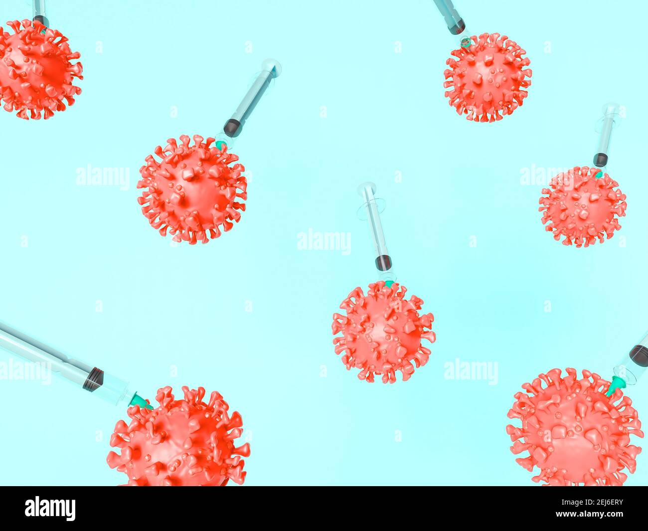 Illustration 3D. Seringues injectant dans des cellules Covid-19. Banque D'Images