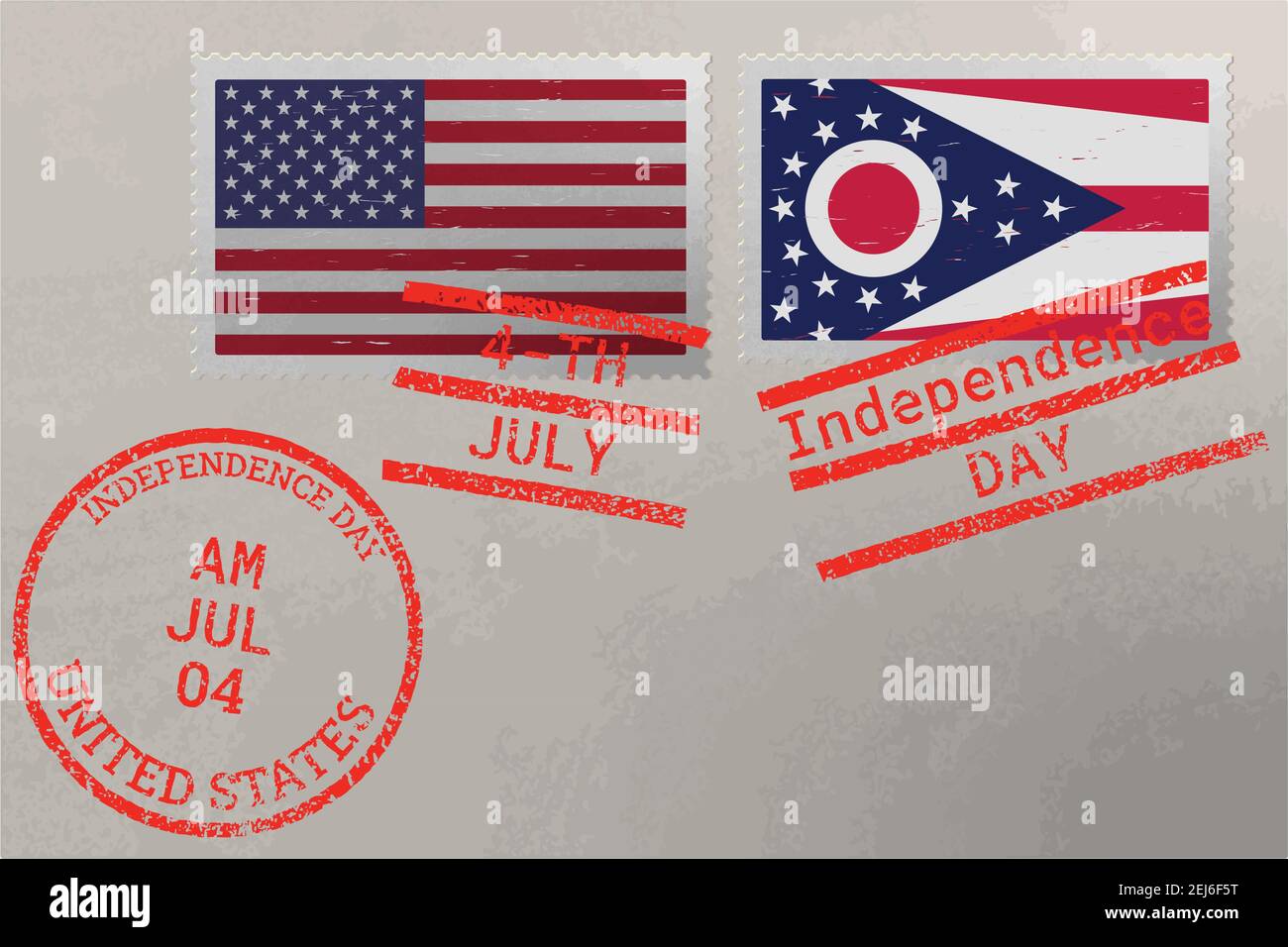 Enveloppe de timbre-poste avec drapeau de l'Ohio et des États-Unis et timbres du 4 juillet, vecteur Illustration de Vecteur