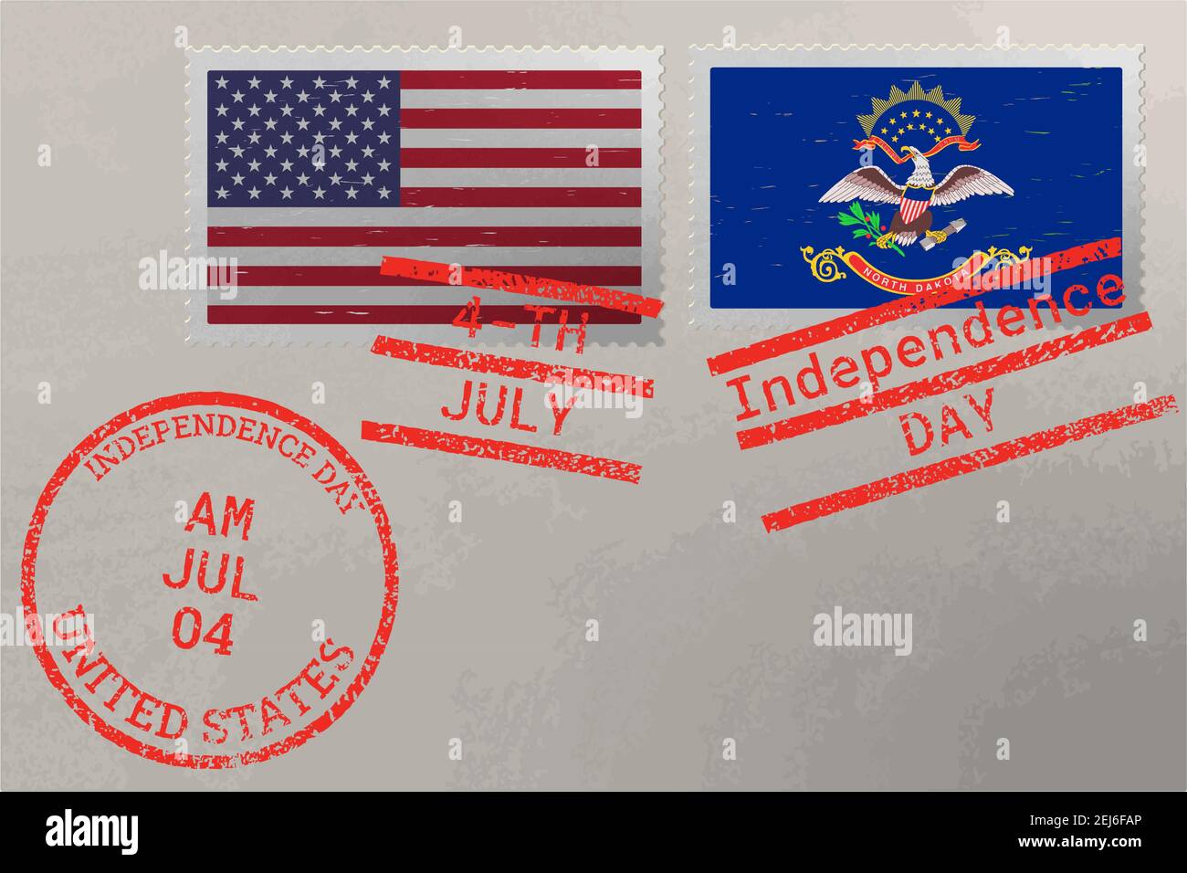 Enveloppe de timbre-poste avec drapeau du Dakota du Nord et des États-Unis et timbres du 4 juillet, vecteur Illustration de Vecteur