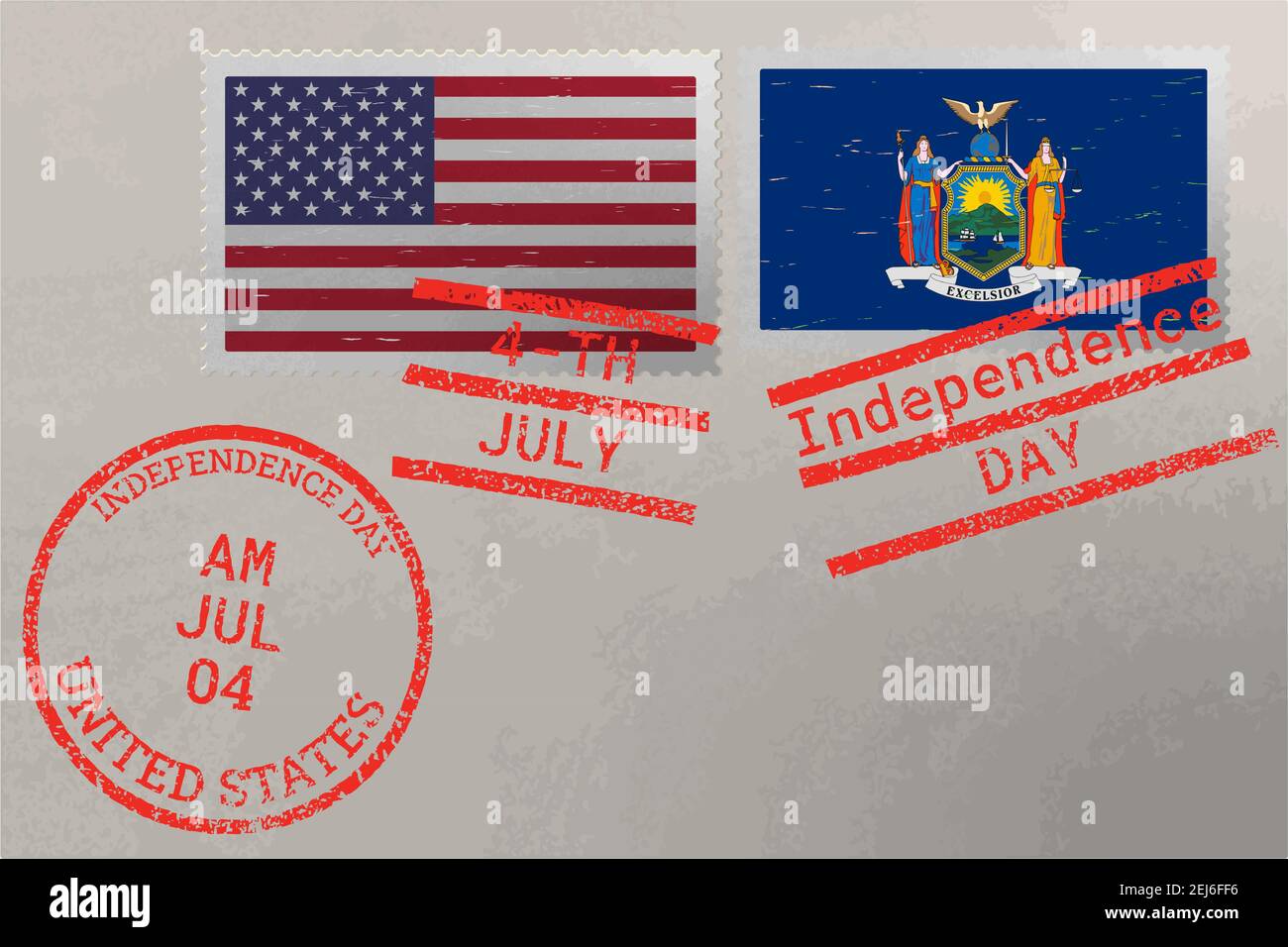 Enveloppe de timbre-poste avec drapeau de New York et des États-Unis et timbres du 4 juillet, vecteur Illustration de Vecteur