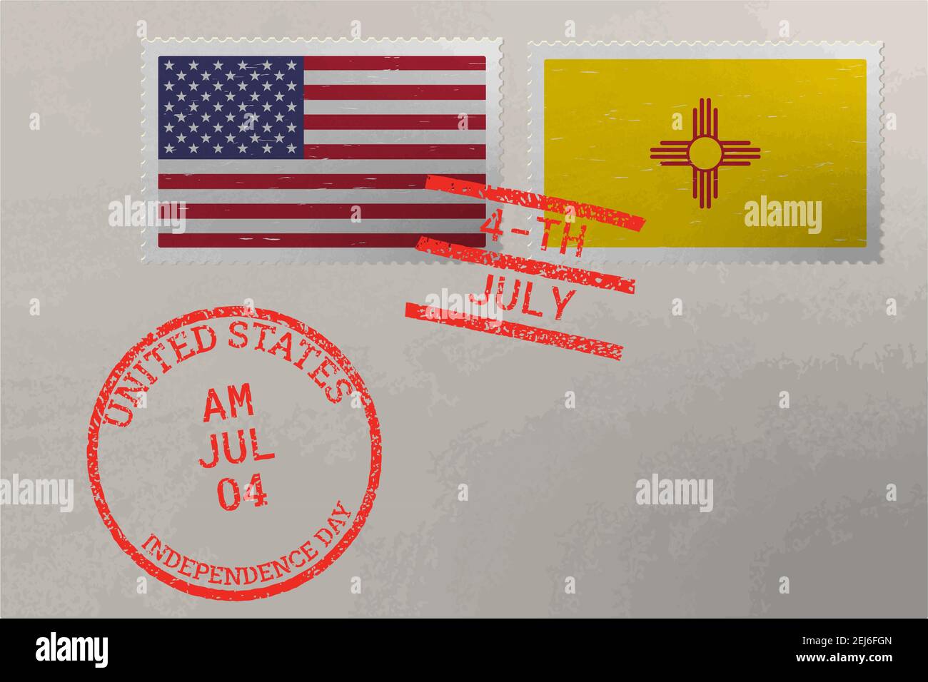 Enveloppe de timbre-poste avec drapeau du Nouveau-Mexique et des États-Unis et timbres du 4 juillet, vecteur Illustration de Vecteur