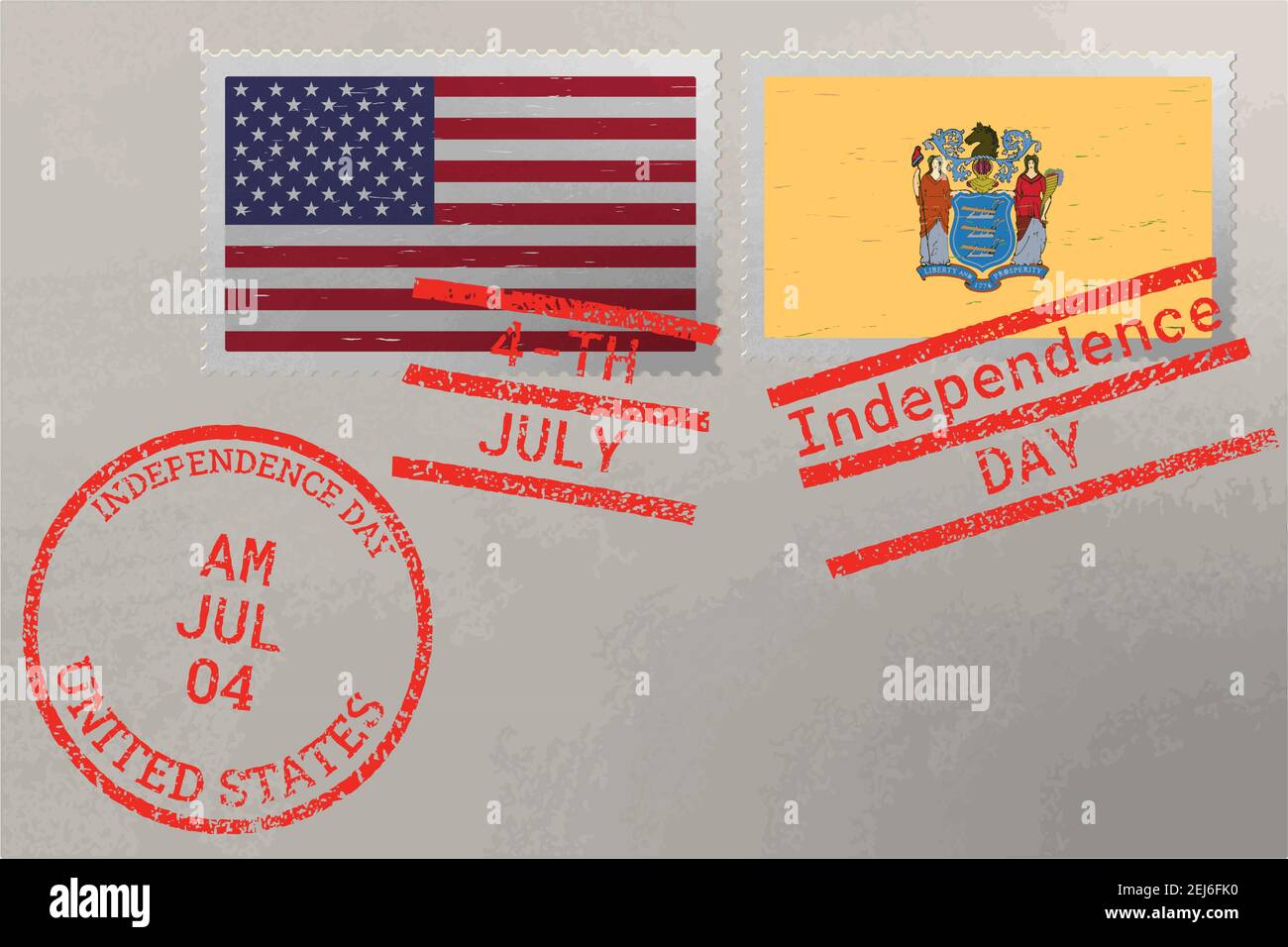 Enveloppe de timbre-poste avec drapeau du New Jersey et des États-Unis et timbres du 4 juillet, vecteur Illustration de Vecteur