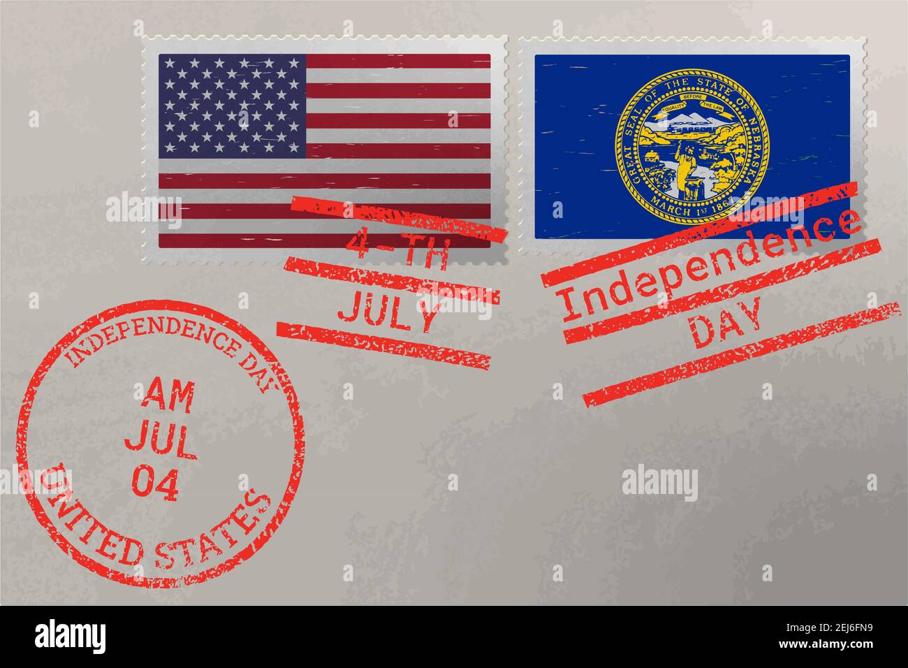 Enveloppe de timbre-poste avec drapeau du Nebraska et des États-Unis et timbres du 4 juillet, vecteur Illustration de Vecteur