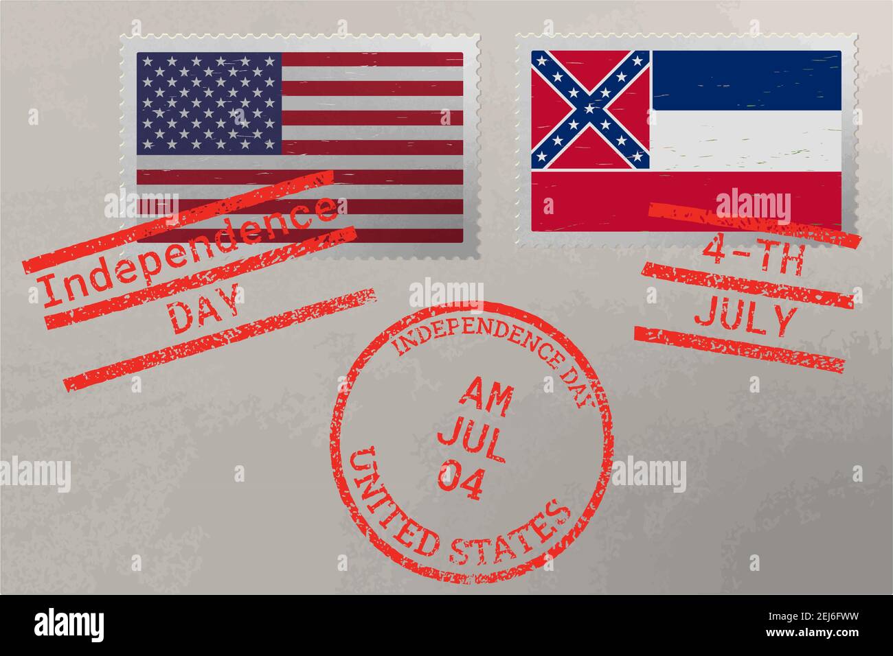 Enveloppe de timbre-poste avec drapeau du Mississippi et des États-Unis et timbres du 4 juillet, vecteur Illustration de Vecteur