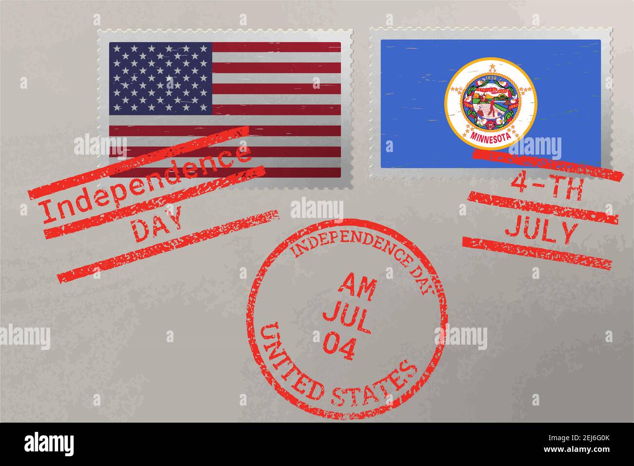 Enveloppe de timbre-poste avec drapeau du Minnesota et des États-Unis et timbres du 4 juillet, vecteur Illustration de Vecteur