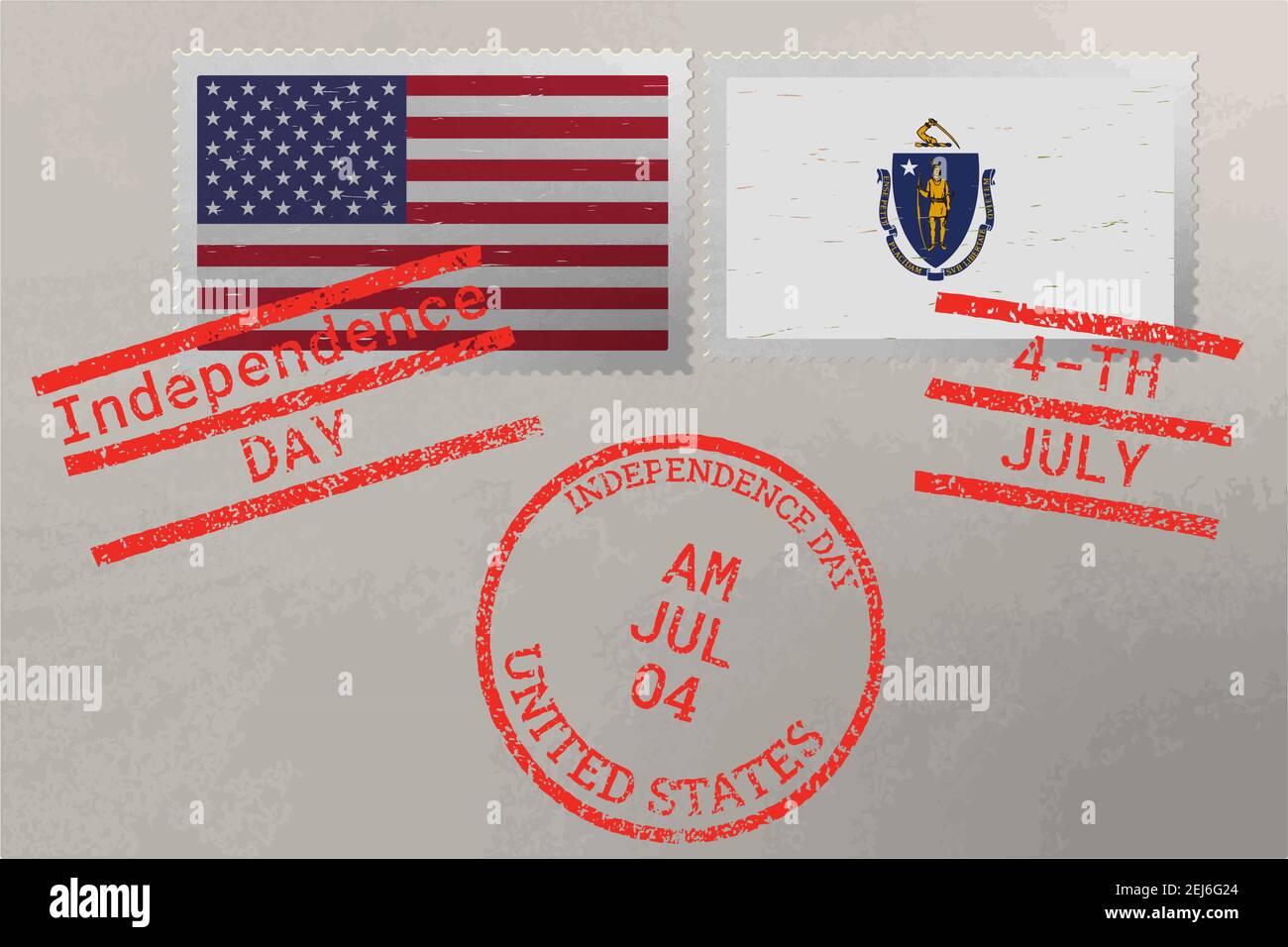 Enveloppe de timbre-poste avec drapeau du Massachusetts et des États-Unis et timbres du 4 juillet, vecteur Illustration de Vecteur