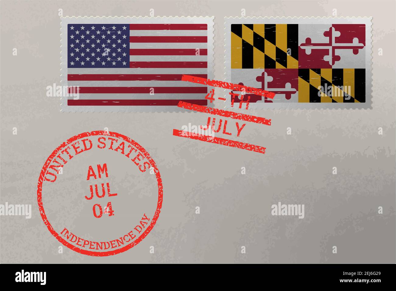 Enveloppe de timbre-poste avec drapeau du Maryland et des États-Unis et timbres du 4 juillet, vecteur Illustration de Vecteur