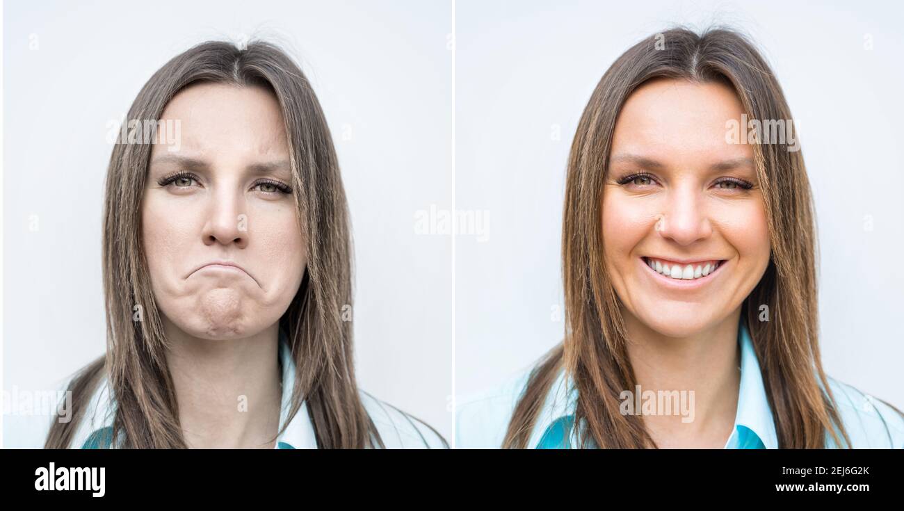 Visage de femme triste et heureux. Dame avec sourire et visage froid. Jeune femme exprimant des émotions différentes. Des ambiances différentes. Contraste émotionnel. Banque D'Images