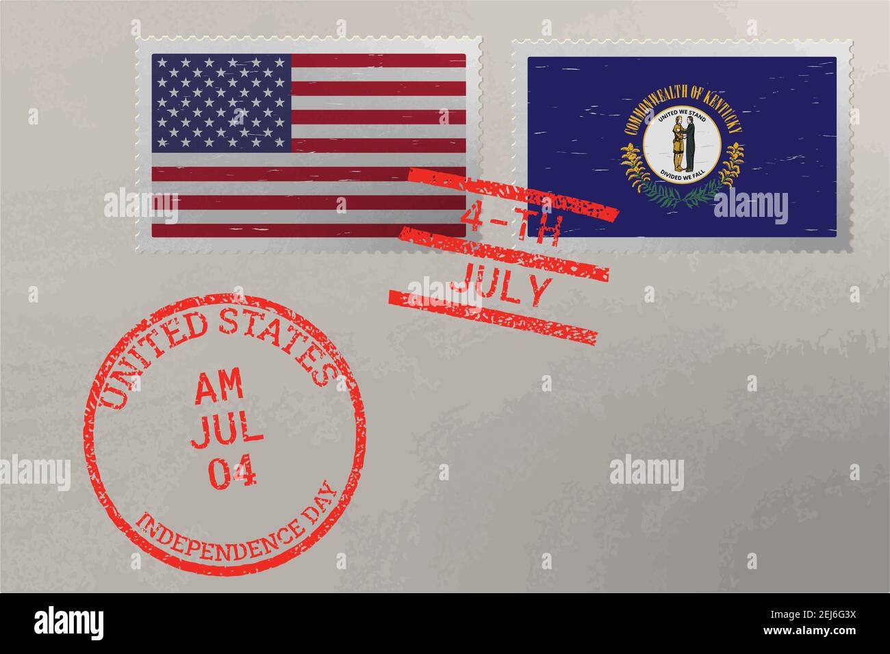 Enveloppe de timbre-poste avec drapeau du Kentucky et des États-Unis et timbres du 4 juillet, vecteur Illustration de Vecteur