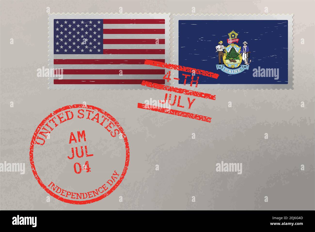 Enveloppe de timbre-poste avec drapeau Maine et USA et timbres du 4 juillet, vecteur Illustration de Vecteur