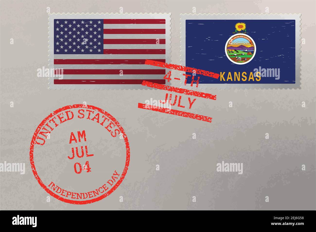 Enveloppe de timbre-poste avec drapeau du Kansas et des États-Unis et timbres du 4 juillet, vecteur Illustration de Vecteur