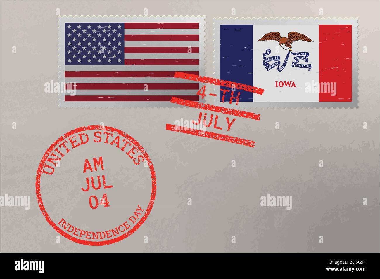Enveloppe de timbre-poste avec drapeau de l'Iowa et des États-Unis et timbres du 4 juillet, vecteur Illustration de Vecteur