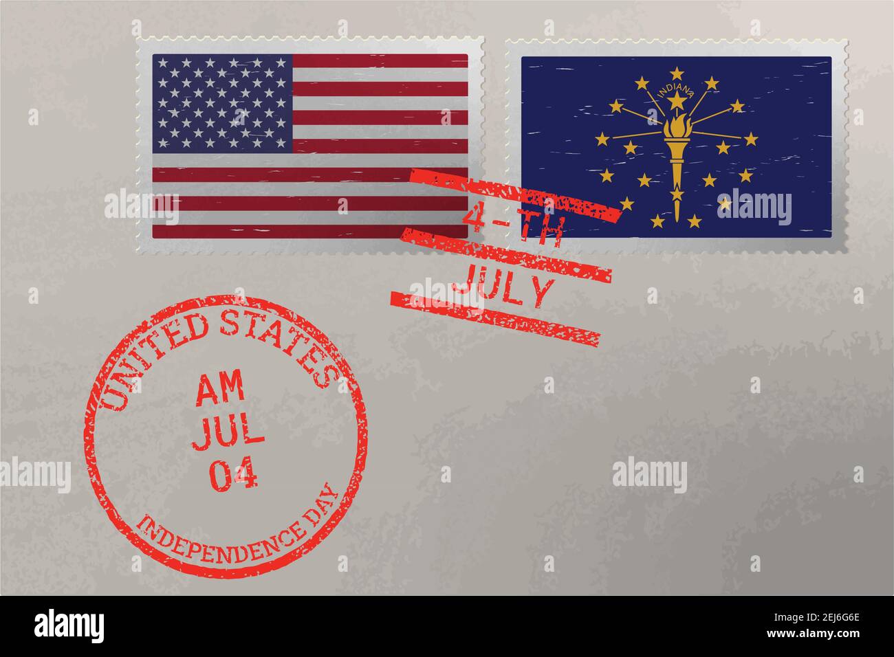 Enveloppe de timbre-poste avec drapeau de l'Indiana et des États-Unis et timbres du 4 juillet, vecteur Illustration de Vecteur
