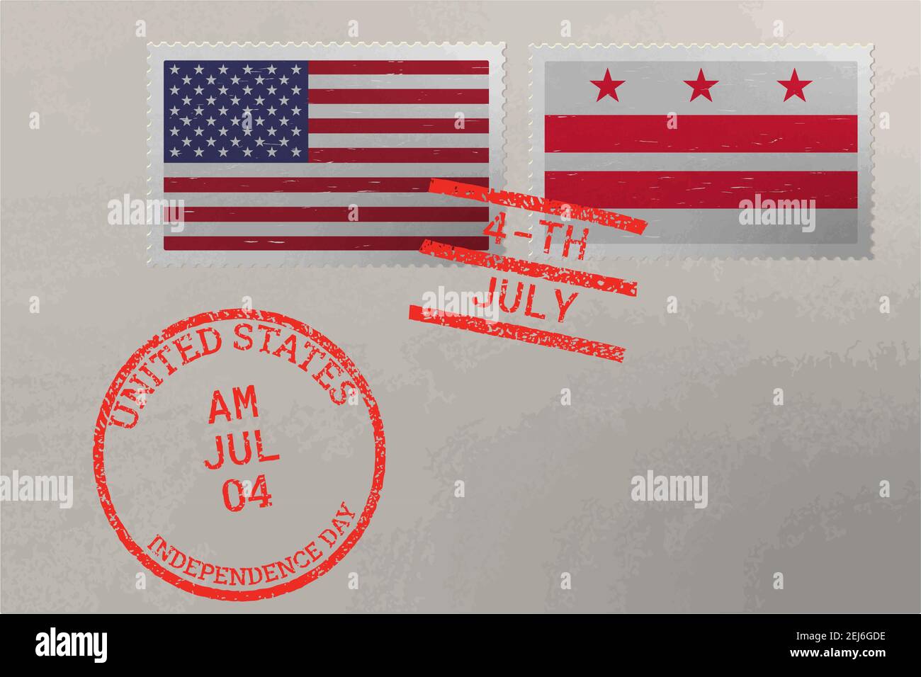 Enveloppe de timbre-poste avec drapeau du district de Columbia et des États-Unis et timbres du 4 juillet, vecteur Illustration de Vecteur