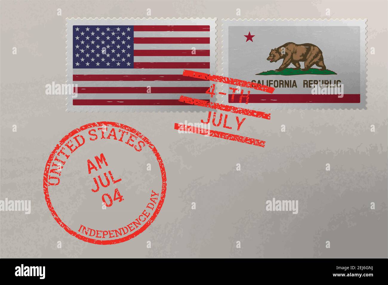 Enveloppe de timbre-poste avec drapeau de la Californie et des États-Unis et timbres du 4 juillet, vecteur Illustration de Vecteur