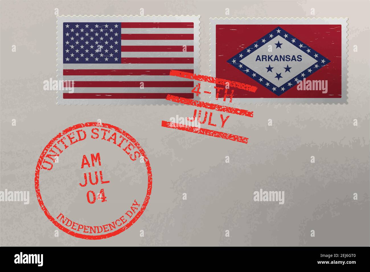 Enveloppe de timbre-poste avec drapeau Arkansas et USA et timbres du 4 juillet, vecteur Illustration de Vecteur