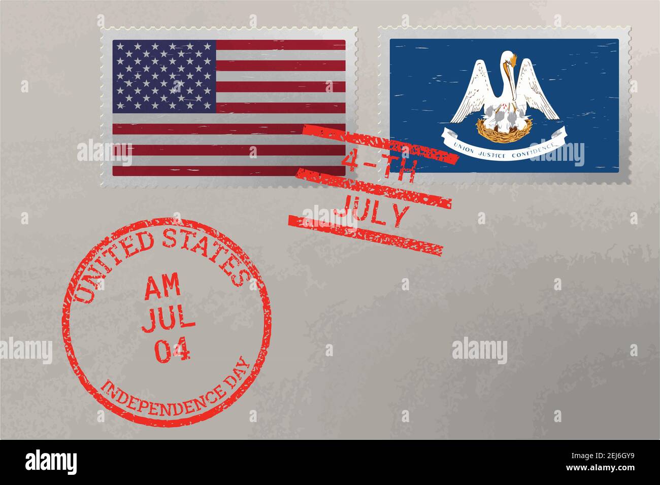 Enveloppe de timbre-poste avec drapeau de la Louisiane et des États-Unis et timbres du 4 juillet, vecteur Illustration de Vecteur