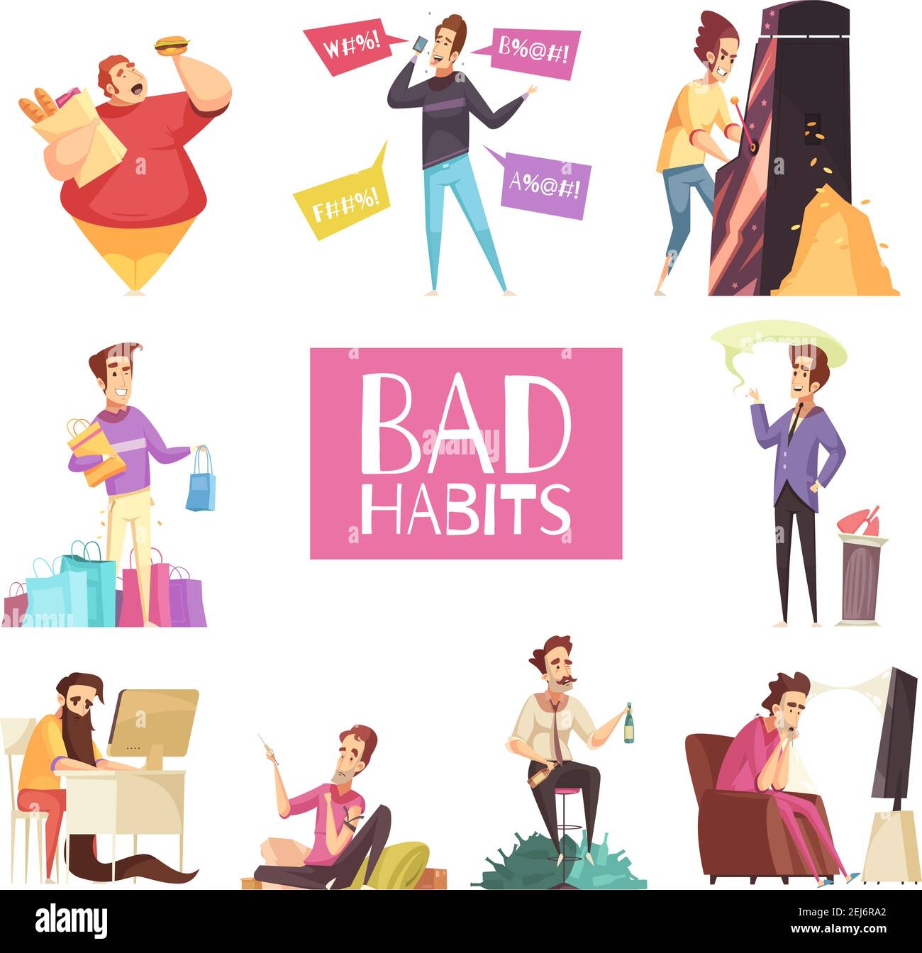 Mauvaises habitudes ensemble de l'alcoolisme toxicomanie dépendance du tabagisme ordinateur et jeux vidéo shopping gourmandise avec des symboles de dessin animé obésité vecteur illus Illustration de Vecteur