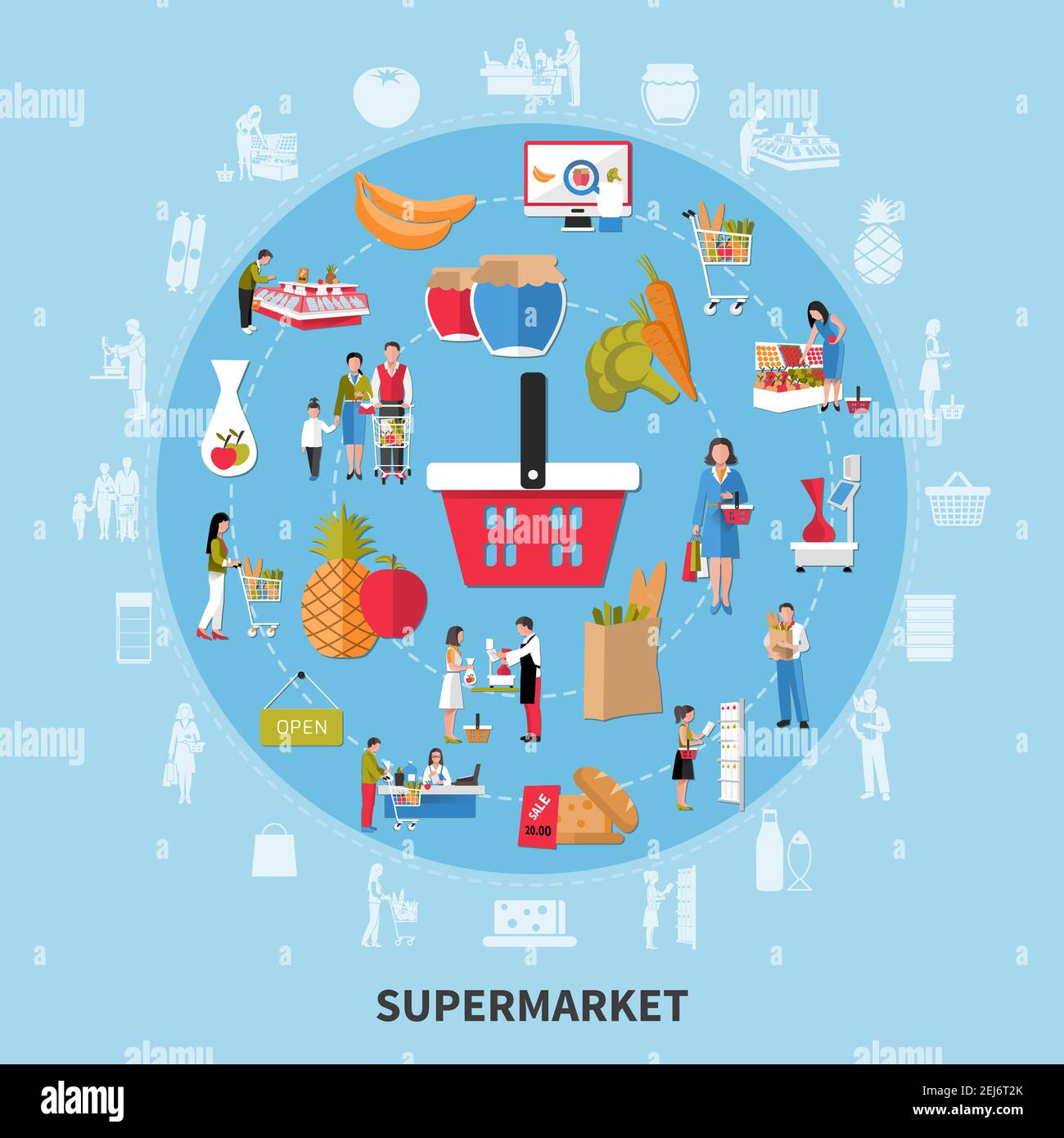 Composition ronde de supermarché sur fond bleu avec vendeur, clients, équipement, produits alimentaires, marchandises avec illustration vectorielle de rabais Illustration de Vecteur