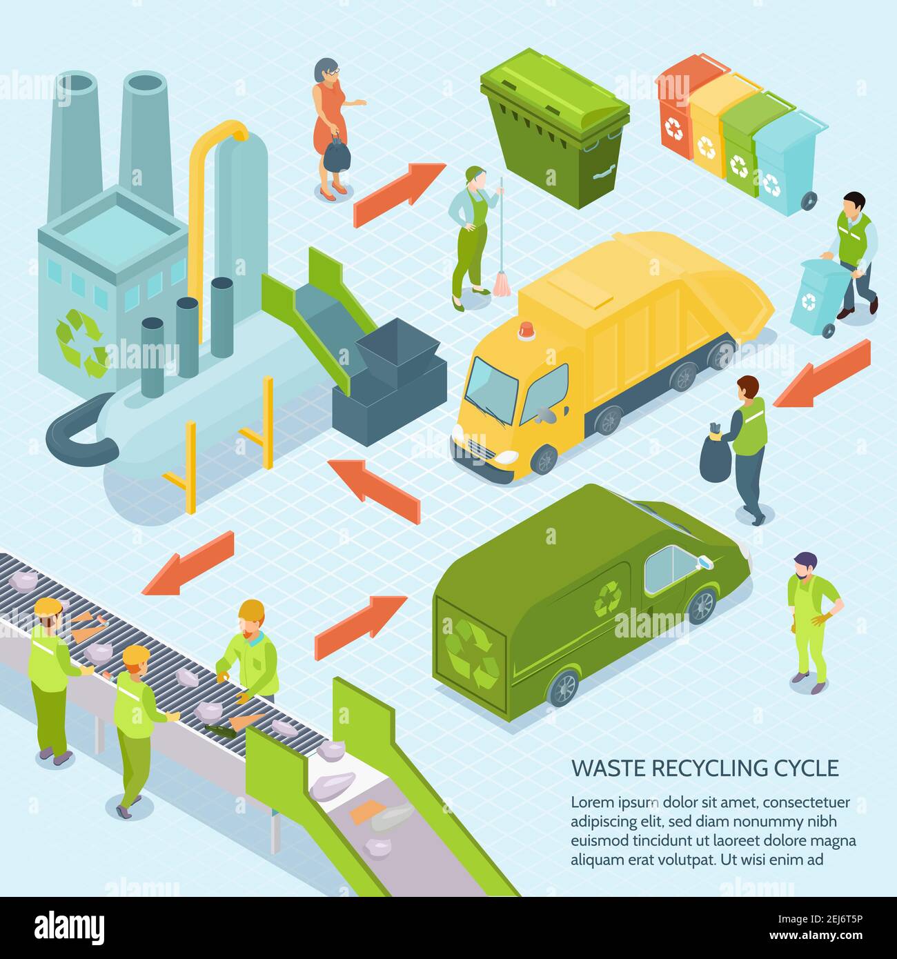 Cycle de recyclage des déchets sur fond bleu à partir des poubelles de la caisse illustration vectorielle isométrique de l'usine de traitement des déchets Illustration de Vecteur