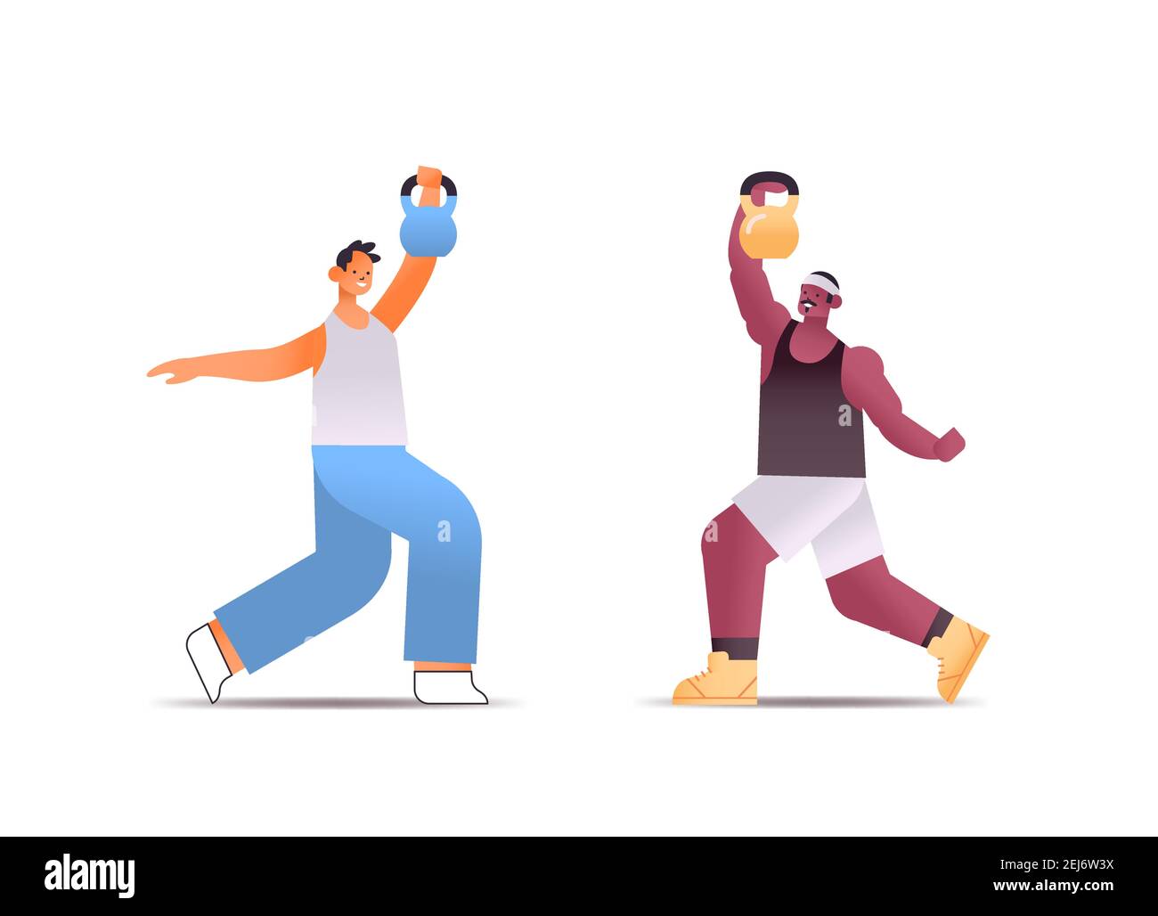 mélangez les hommes de course à des vêtements de sport en faisant des exercices physiques avec des kettlebells concept de mode de vie sain illustration vectorielle horizontale pleine longueur isolée Illustration de Vecteur