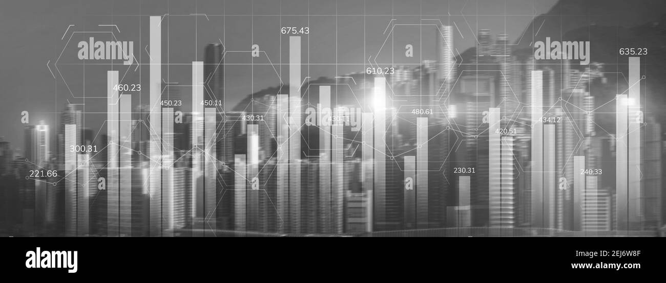Noir et blanc. Graphique financier diagramme de commerce investissement business intelligence concept site Web panoramique en-tête double exposition ville moderne Banque D'Images