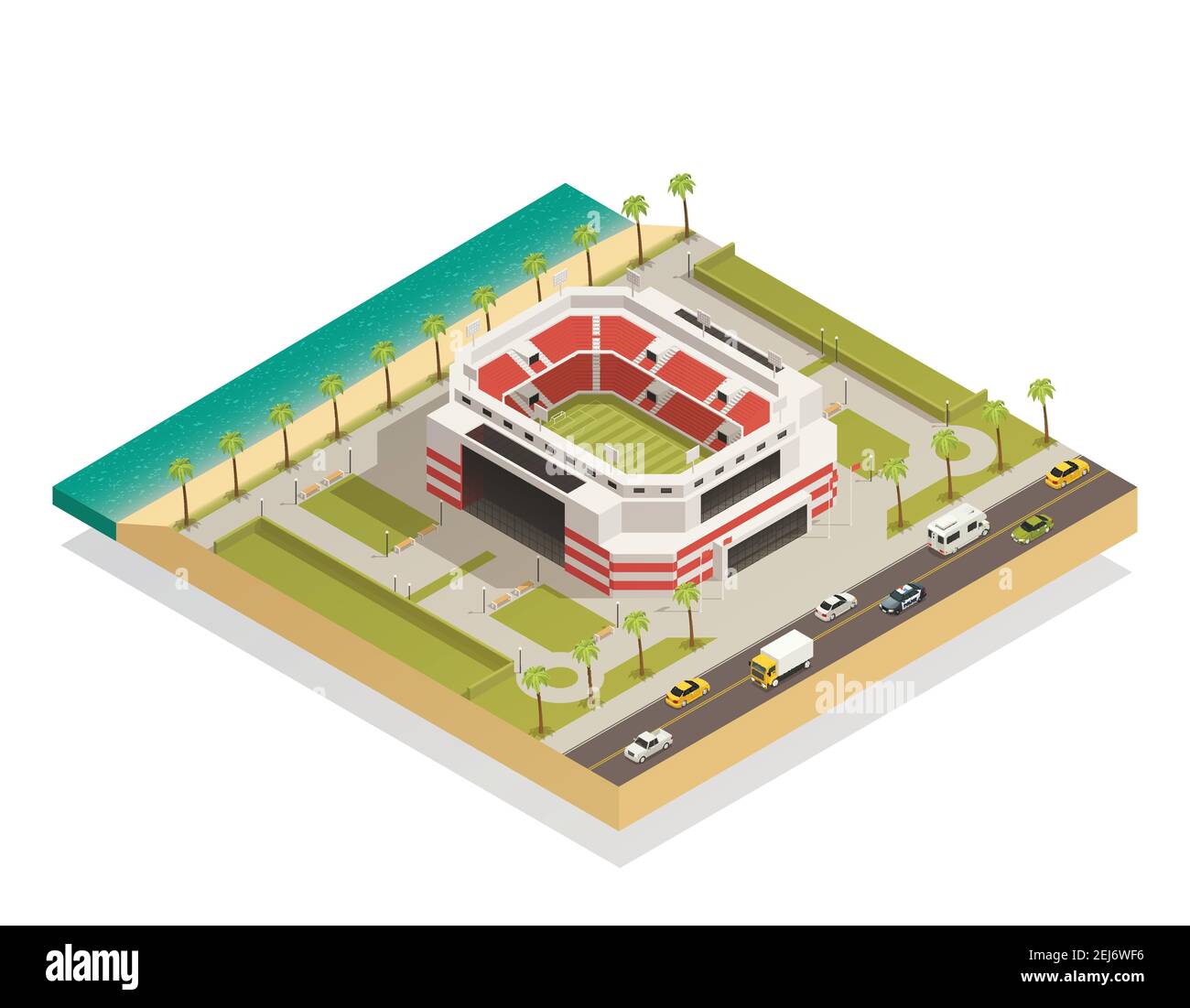 Stade de football américain avec lignes de but, composition isométrique zone côtière avec illustration du vecteur routier adjacent Illustration de Vecteur