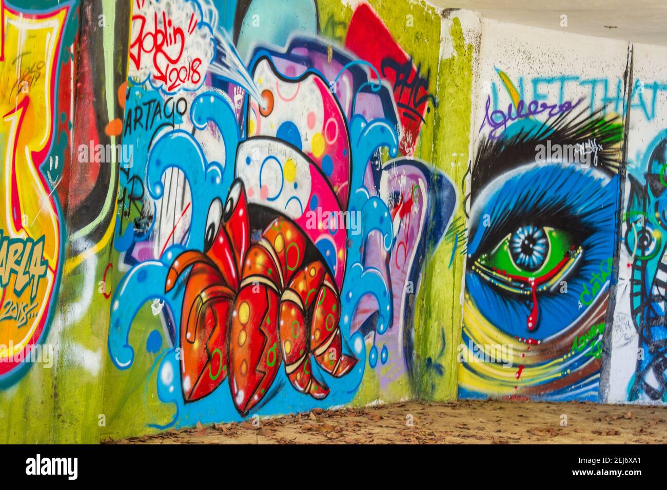 Les ruines d'un complexe, d'un hôtel ou d'une maison rumeur fournissent une toile pour le travail artistique de graffiti dans la jungle près de Jaco, Costa Rica. Banque D'Images