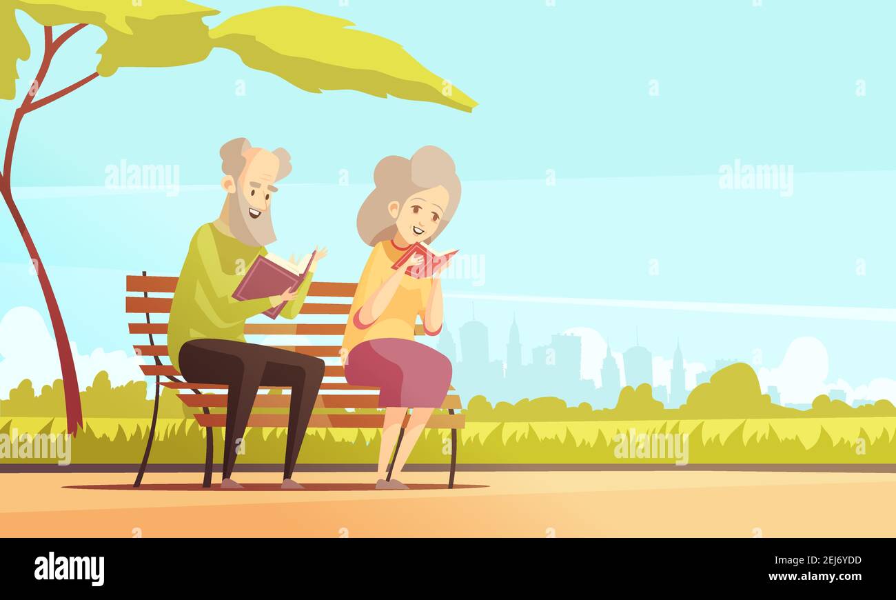 Un vieil homme et une femme assis sur un banc sous l'arbre parc de la ville et livres de lecture illustration vectorielle plate Illustration de Vecteur