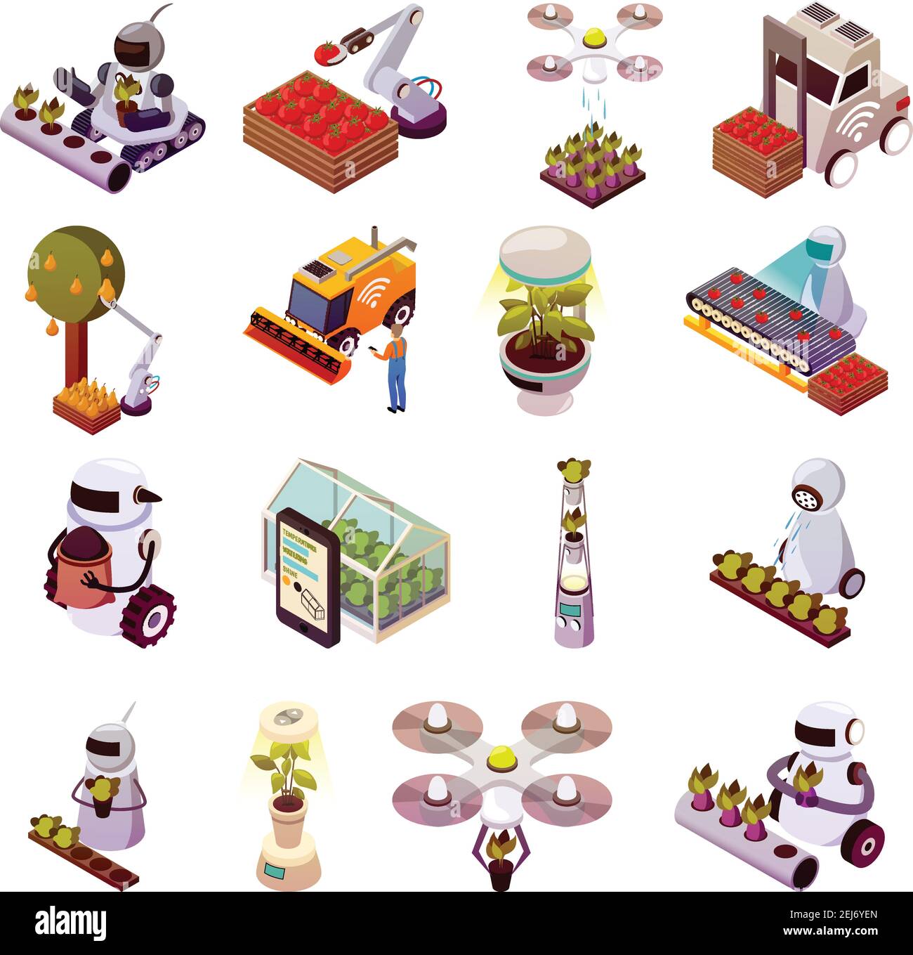 Robots agricoles icônes isométriques ensemble d'images isolées d'android jardiniers et fermiers de drone avec illustration de vecteur de plantes Illustration de Vecteur