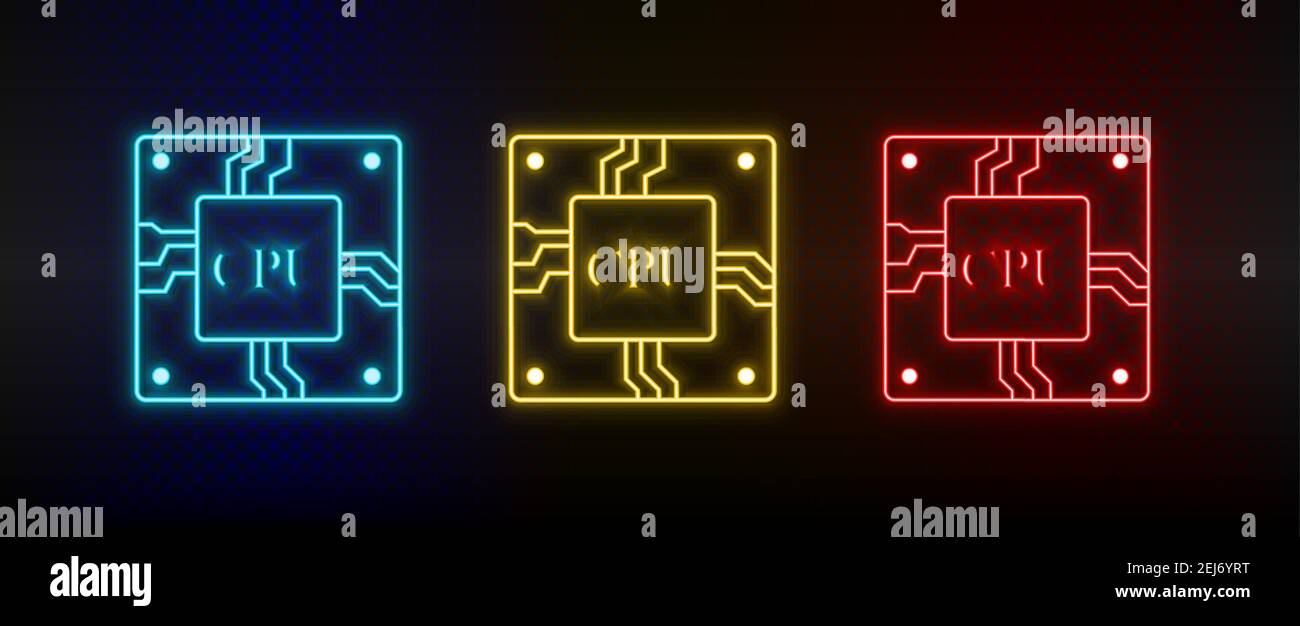 Icône néon définir le matériel du processeur. Ensemble d'icônes vectorielles de néon rouge, bleu et jaune Illustration de Vecteur