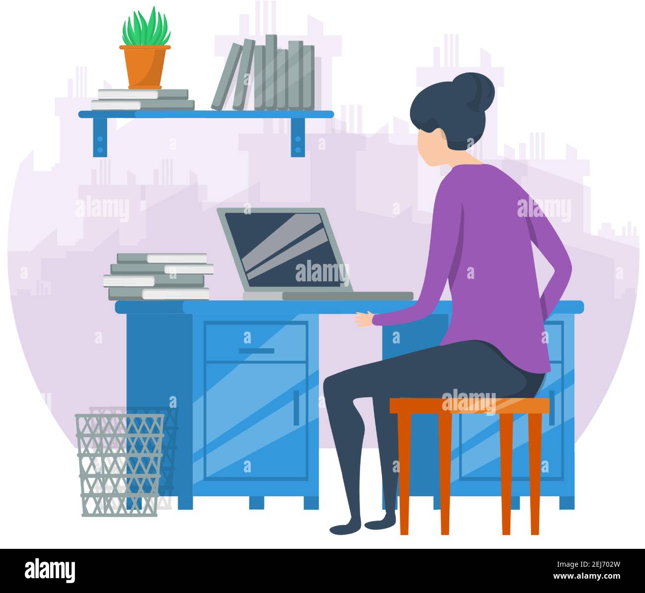 Concept de travail à domicile de style vectoriel plat. Femme assise au bureau travaillant sur l'ordinateur de son. Illustration de Vecteur