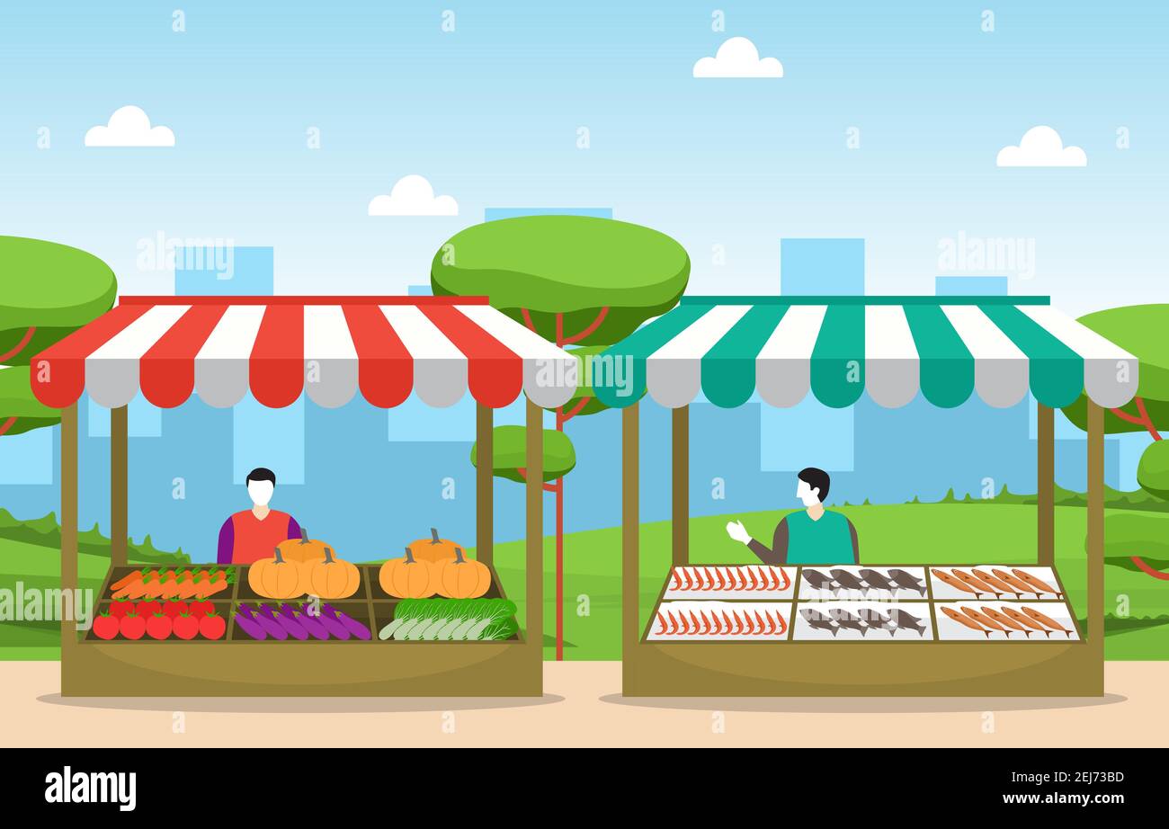 Magasin de légumes de fruits sains Stand d'épicerie en ville Illustration Illustration de Vecteur