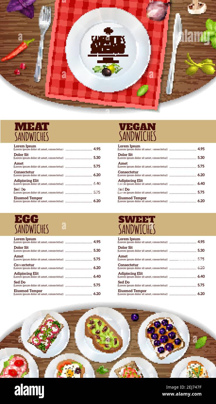 Identité d'entreprise de fast-food menu poster avec viande illustration vectorielle des œufs et des sandwiches sucrés végétaliens Illustration de Vecteur