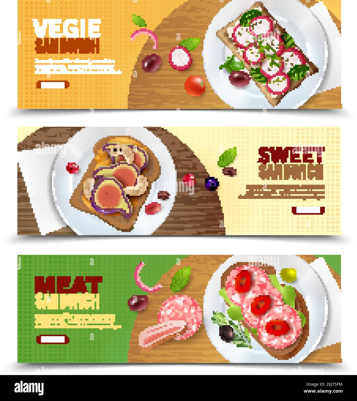 Trois bannières publicitaires horizontales avec recette de préparation veggie Sweet et illustration vectorielle des sandwichs à base de viande Illustration de Vecteur