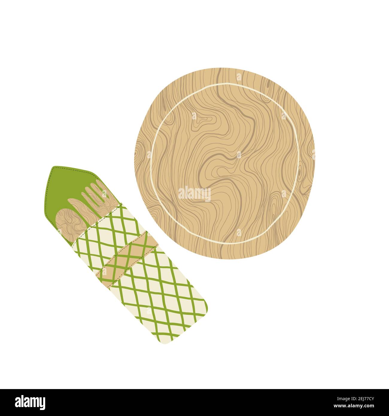 Ensemble de plats respectueux de l'environnement. Ensemble de couverts en bois et assiette simple. Plastique libre. Concept zéro déchet dans un dessin animé à plat. Illustration de Vecteur