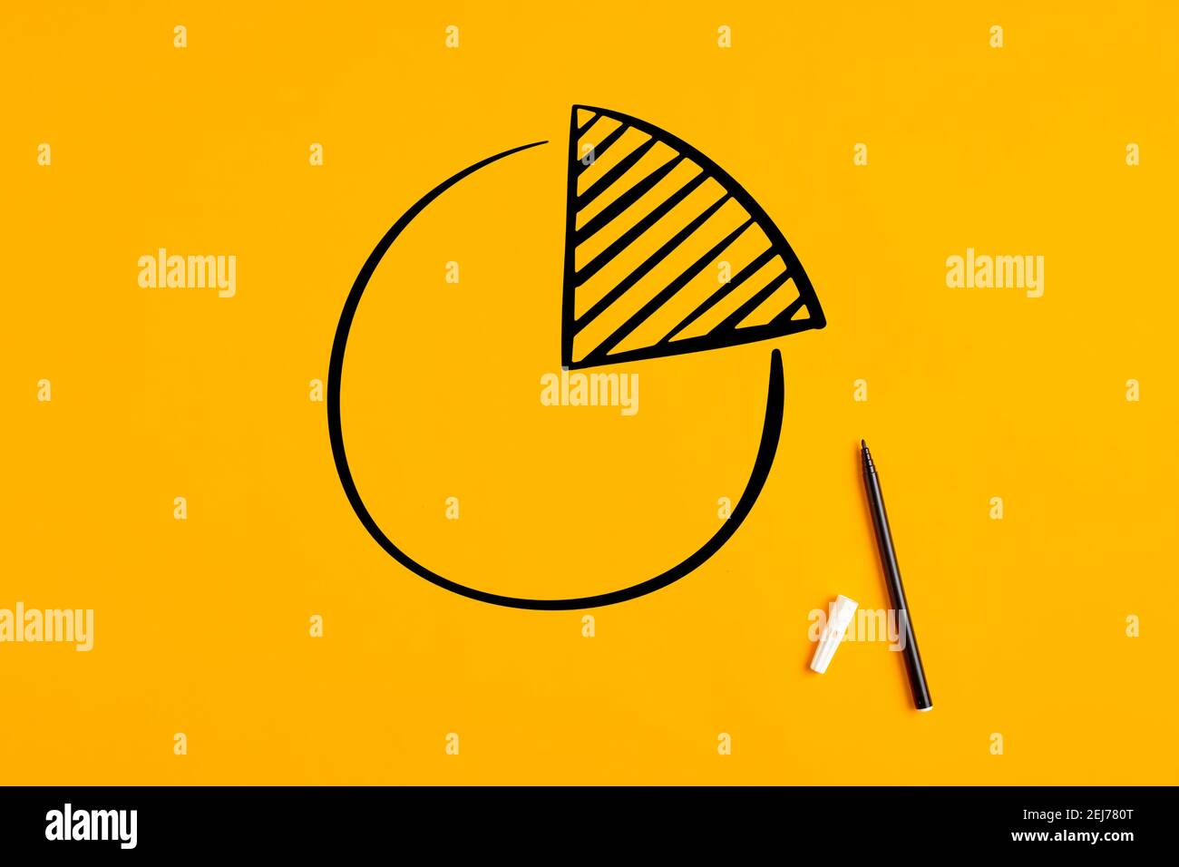 Graphique circulaire ou diagramme dessiné à la main avec un marqueur sur fond jaune. Part de marché ou concept de segment. Banque D'Images