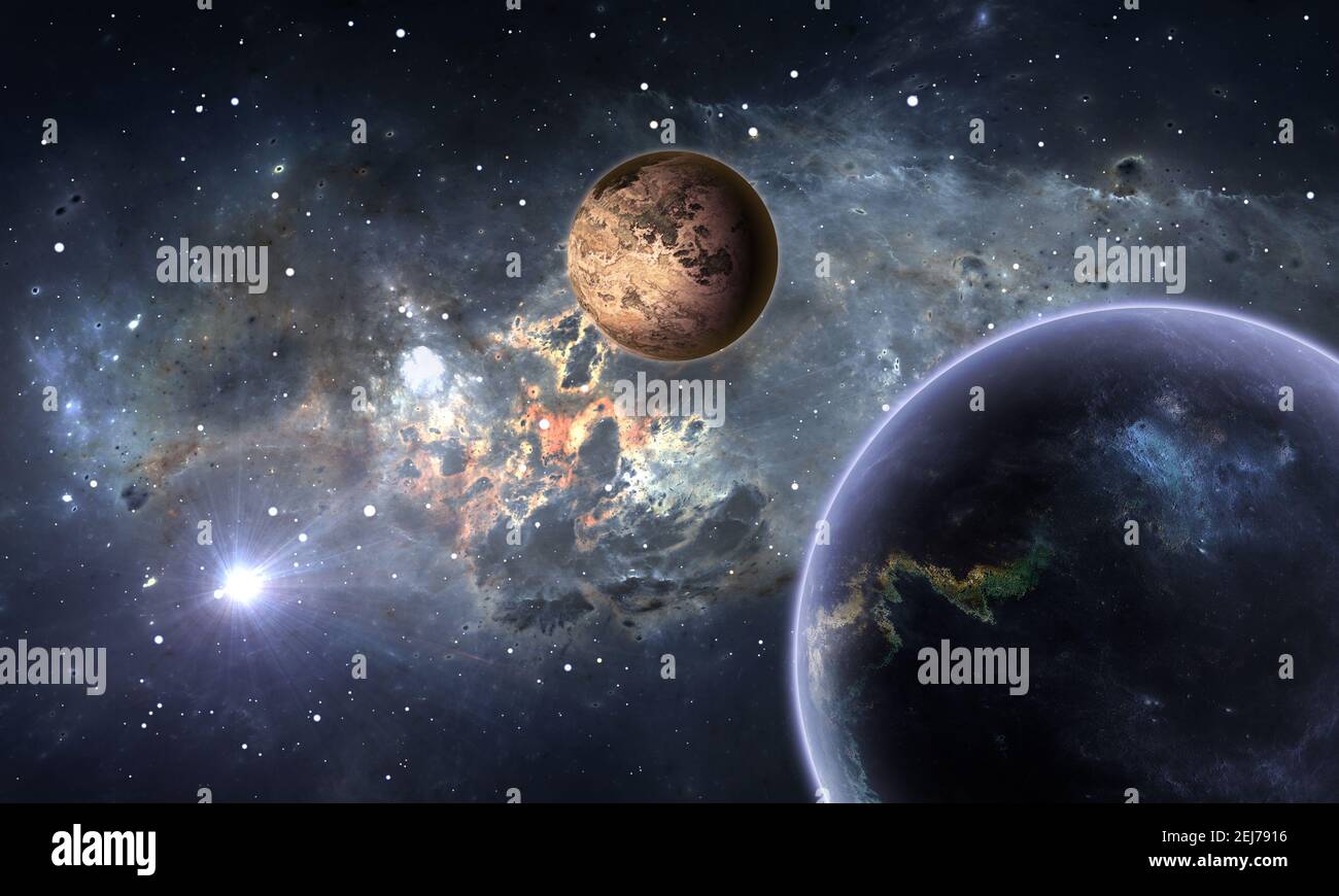 Exoplanètes ou planètes extrasolaires avec des étoiles sur fond de nébuleuse, 3D illustration Banque D'Images