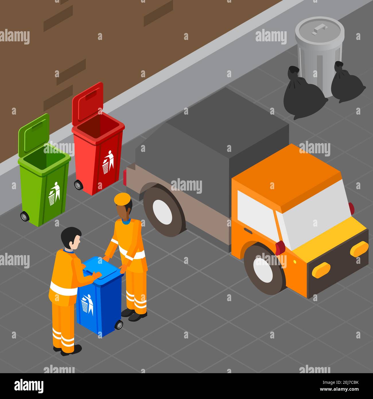 Composition isométrique de déchets avec deux caractères humains des travailleurs de la collecte transport de la poubelle vers l'illustration du vecteur du chariot d'assainissement Illustration de Vecteur